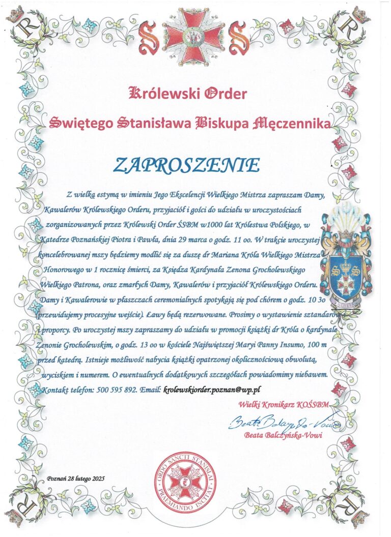 Zaproszenie na Uroczystość 1000 Lecia Królestwa Polskiego Katedra Poznańska